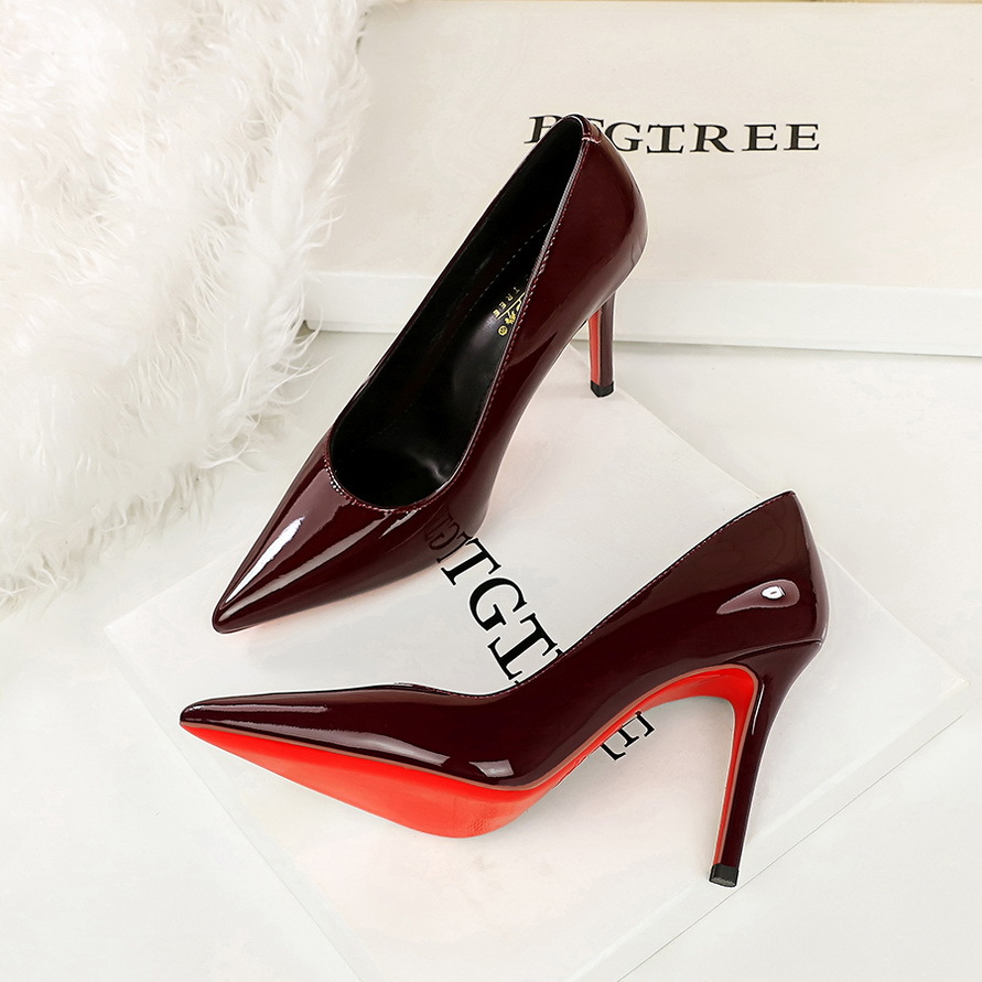 8359 Daily Commuting Red Bottom Non tiring Feet High Heels Female Red Lacquer Leather Sexy Thin Heels Pointed Shallow Mouth Single Shoes Female