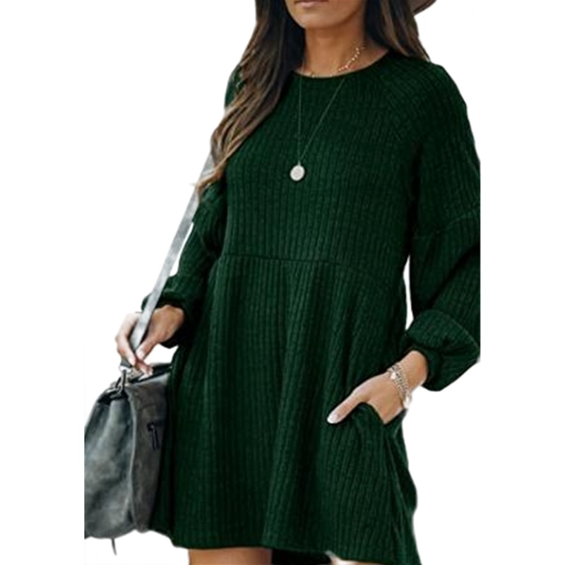 Womens Knit Long Sleeve Dress Ribbed Cotton Blend Short Length Autumn Winter Style Wholesale Available