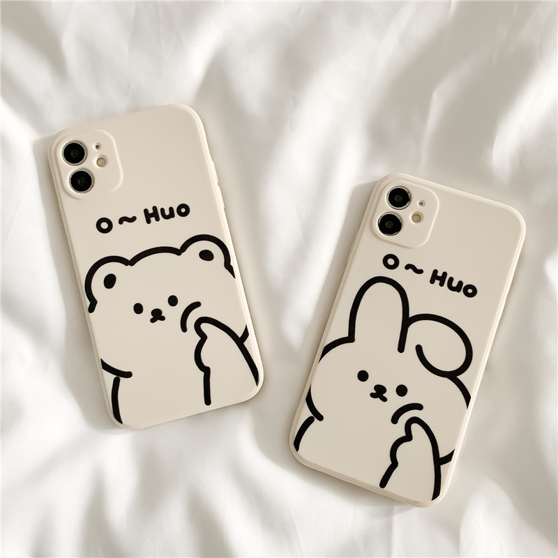 Little Bear Rabbit iPhone 15 Pro Max Phone Case for Couples, Apple 13 Full Coverage Straight Edge 17 Cartoon Anti-Drop