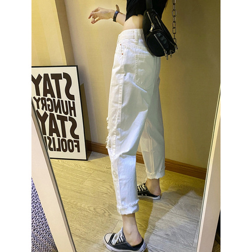 Ripped Denim Jeans for Women: Spring/Summer Straight-Leg, Loose-Fit, High-Waisted, Distressed, Chic, & Trendy Dad-Style Cropped Pants