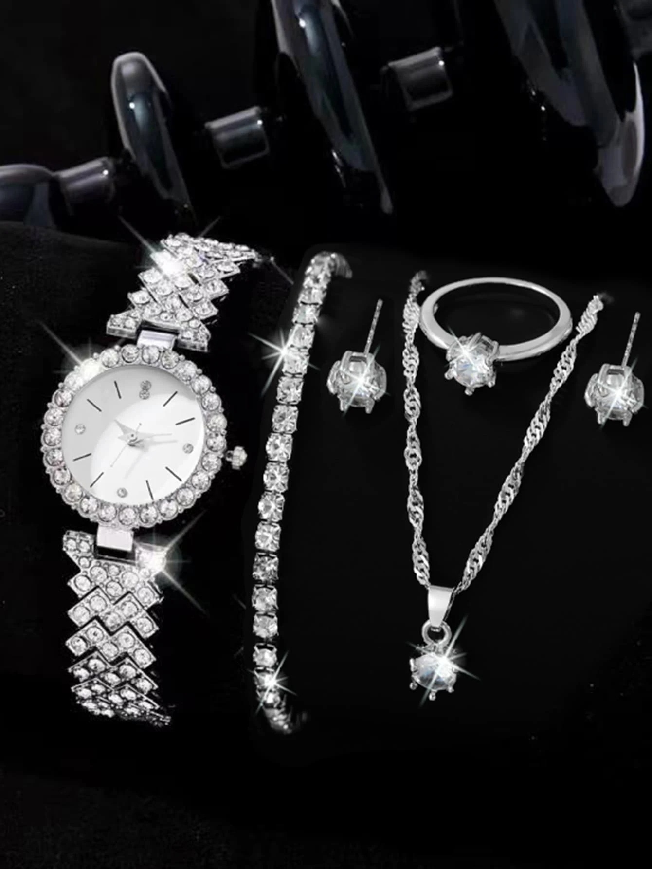 Watch set niche fashion all match steel watch earrings necklace bracelet ring watch set_voghion.com