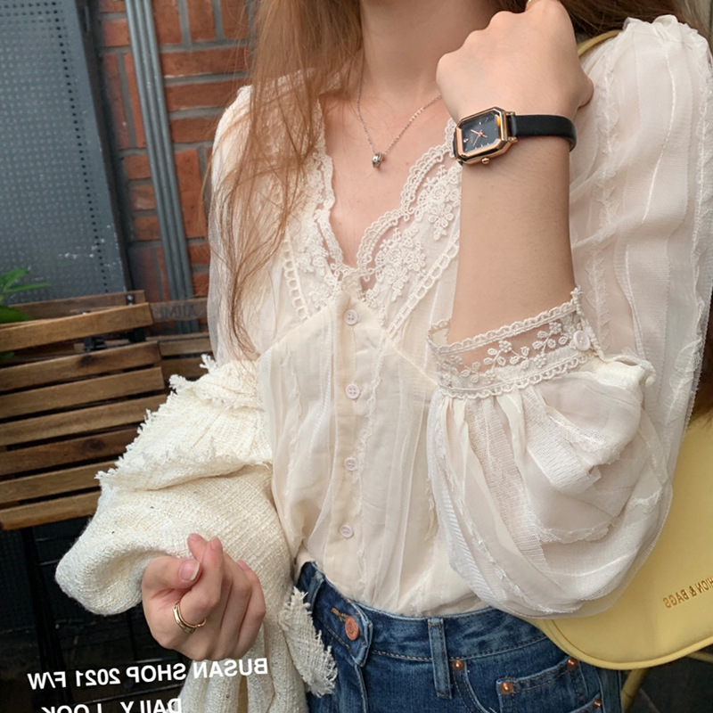 2025春秋新款小衫v领蕾丝打底衫女内搭小个子衬衫洋气雪纺衫上衣|undefined