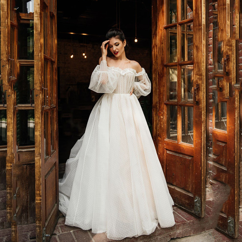 Vestido de Novia Nuevo de Comercio Exterior Europeo y Americano, Amazon, AliExpress, con Encaje, Malla con Puntos, Escote Corazón Sexy, Hombros Descubiertos