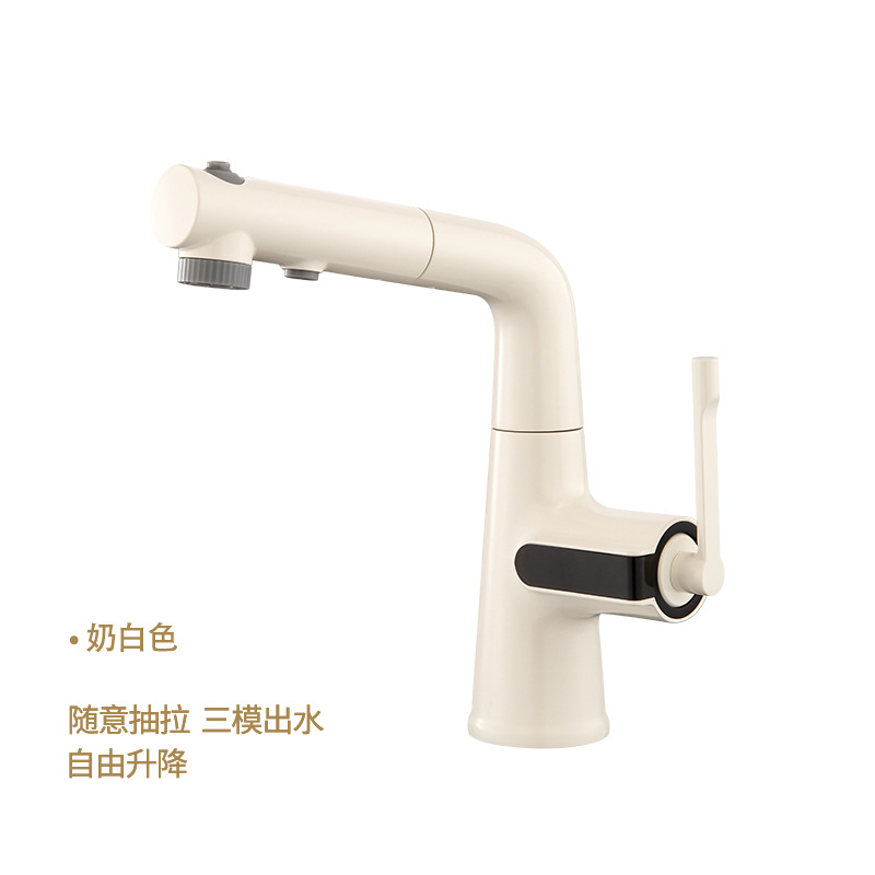 Pistola gris elevador giratorio y pull-pull lavabo grifo de un solo orificio todo el gabinete de baño de crema de cobre se puede lavar el cabello