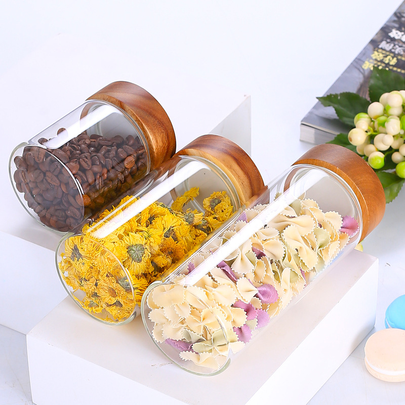 En stock boca de grano espiral tarro de almacenamiento de vidrio tarro de té cocina botella de vidrio de almacenamiento Acacia tapa de madera tarro sellado de vidrio