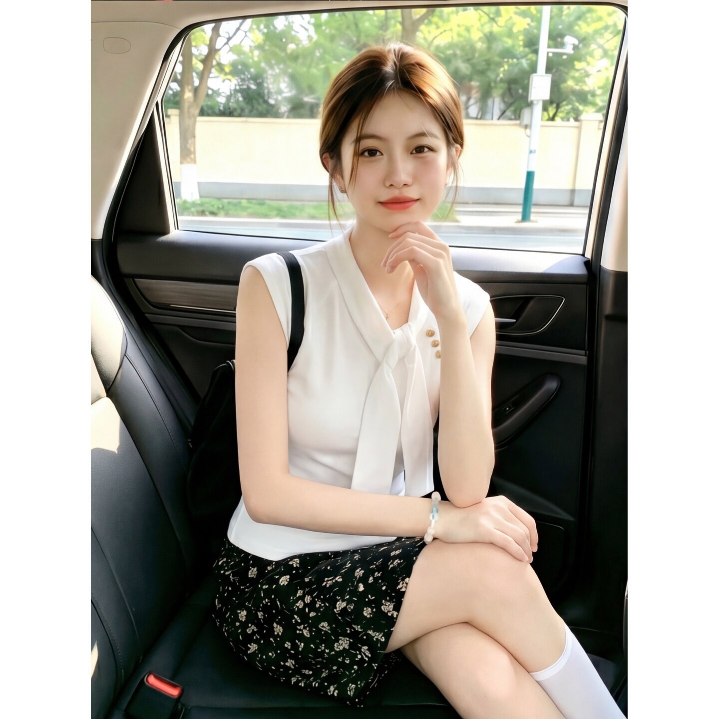 Áo thun ngắn tay nữ cổ tròn thiết kế dây buộc eo, tay lỡ, form suông — Xanh lông mòng đen chi tiết 3