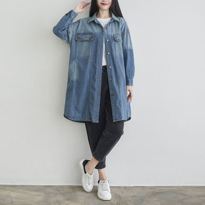 Wandering mind Spring Retro cowboy Long sleeve Mosaic shirt washing Large Easy Mid length version Cardigan coat