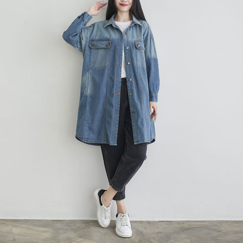Wandering mind Spring Retro cowboy Long sleeve Mosaic shirt washing Large Easy Mid length version Cardigan coat