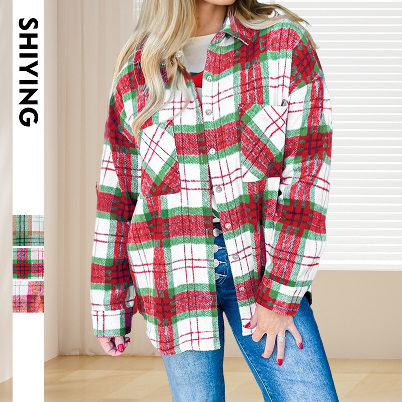 Trendy New Plaid Shirt for Women, European and American Style, Christmas Theme, Long-Sleeve, Loose, Single-Breasted, Open-Front Women's Top