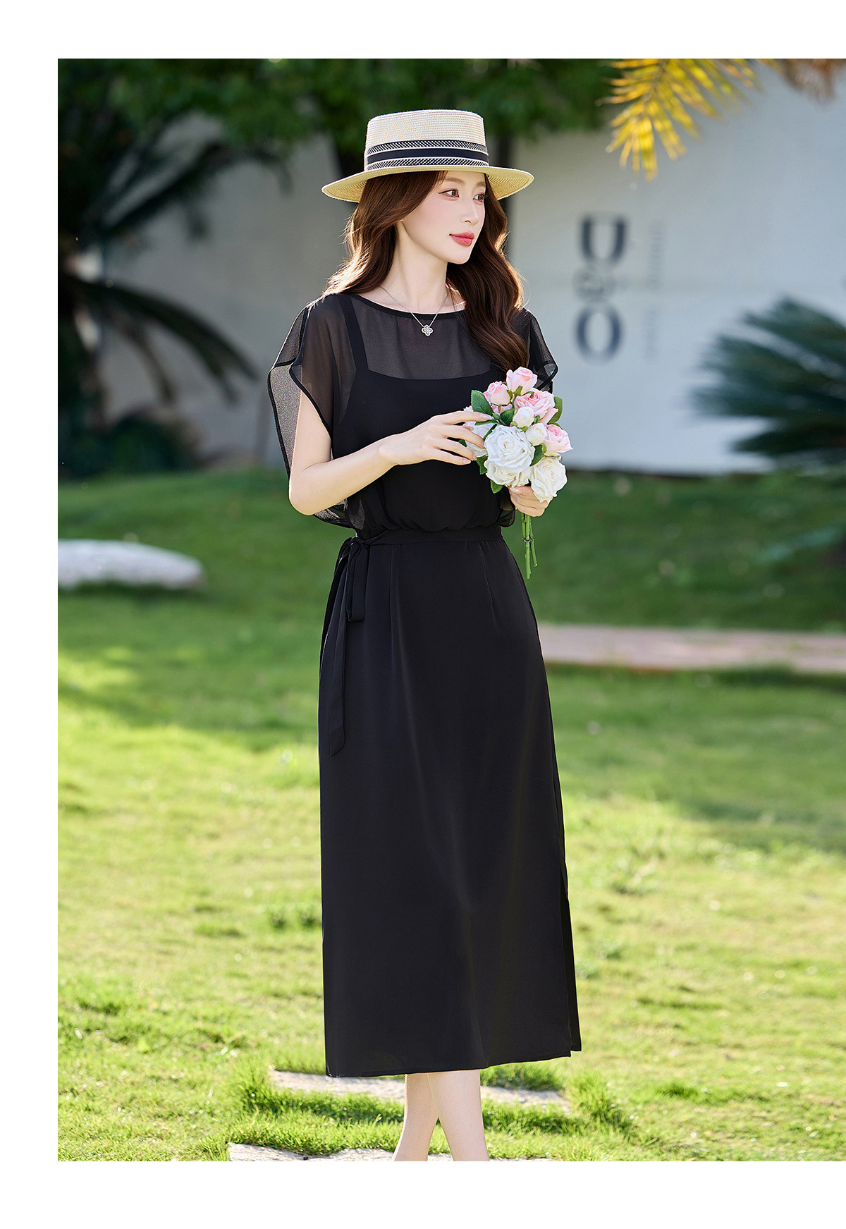 Đầm chữ A eo thắt dây tay ngắn cổ điển dáng midi — màu đen, Điểm sóng chi tiết 12