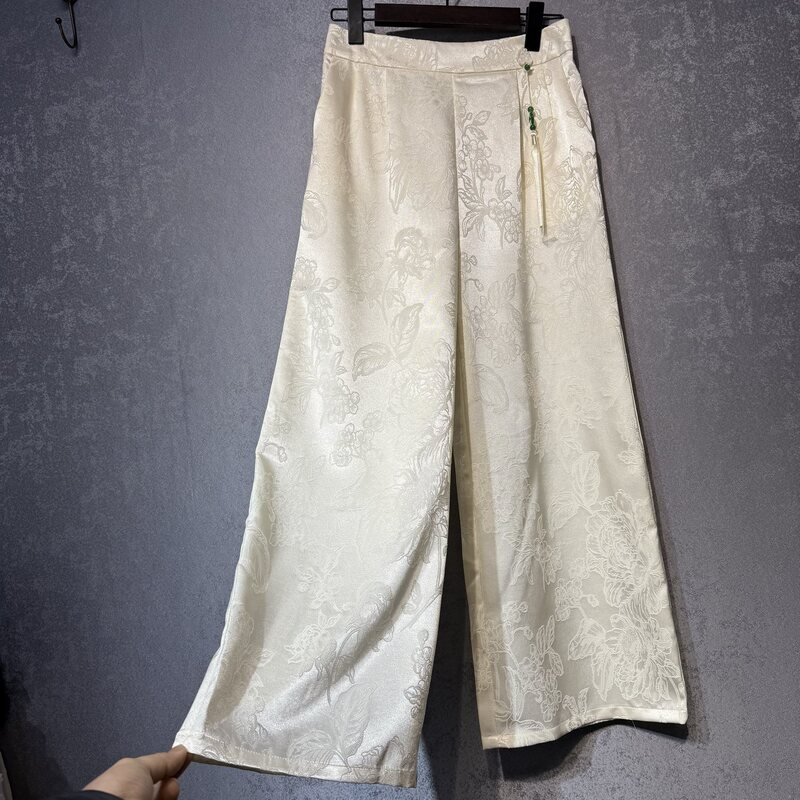 春夏の新スタイル中国風工場直販中国風桑シルクジャカードワイドレッグパンツ桑サテン花柄パンツ|undefined