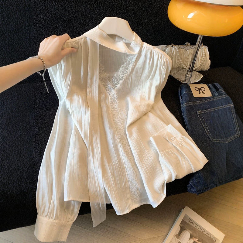 2026 early autumn new French gentle style apricot-colored short elegant shirt with fluttering collar and lace trim for women 2026 early autumn new French gentle style apricot-colored short elegant shirt with fluttering collar and lace trim for women