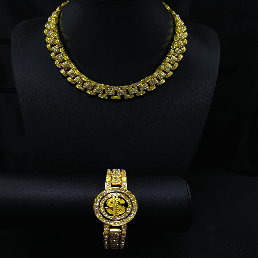 Men's Full Diamond 16MM Tank Chain Rotating Dollar Bracelet Necklace Set Hip Hop Fashion Jewelry_voghion.com