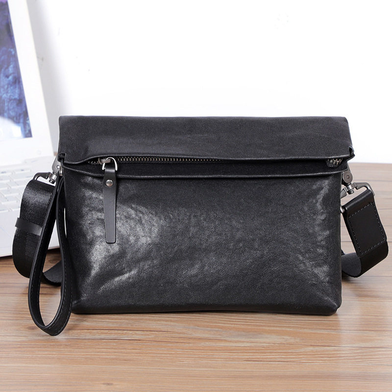 Túi đeo chéo nam da bò thuộc da thật kiểu thể thao, túi cầm tay nhỏ gọn 29×11×17 cm — Màu đen