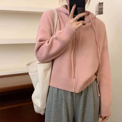 韓国のカジュアルな新型の帽子付きのダブルファスナーのセーター女性秋冬の短いタイプのゆったりとした純色のシンプルなピットニットのカーディガン