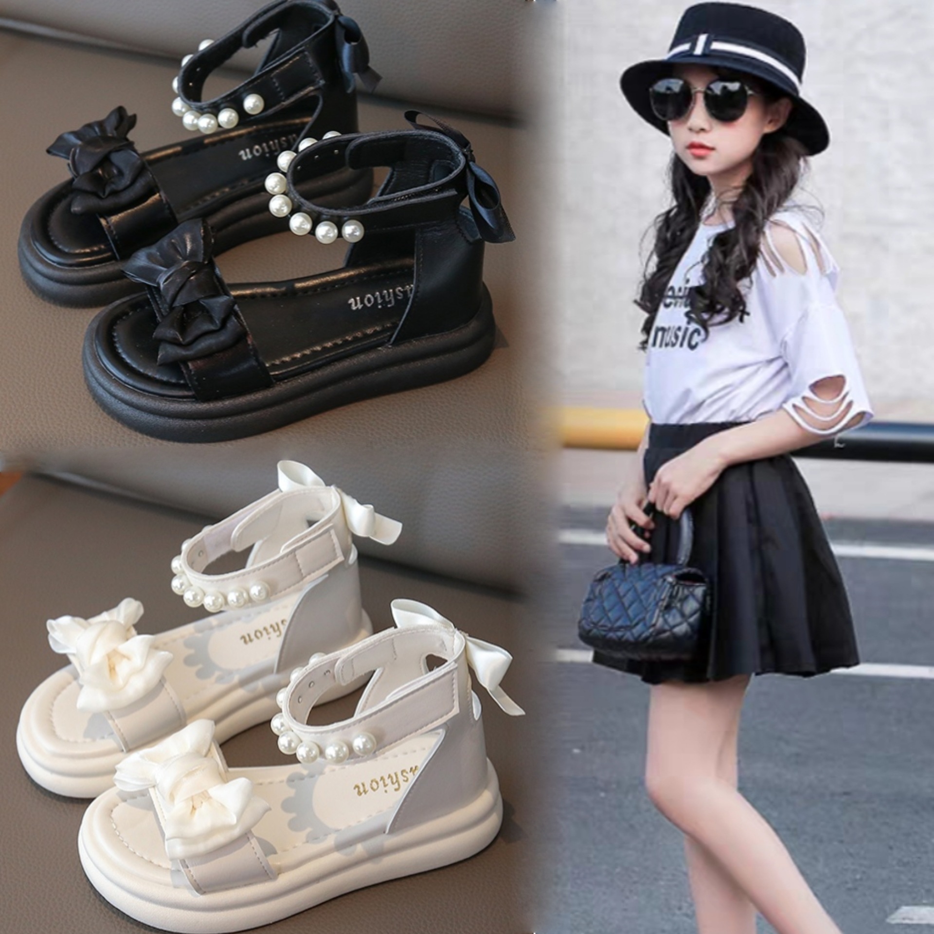 Sandalias de moda para niñas verano 2024 nuevos zapatos de princesa con lazo de perlas para niños