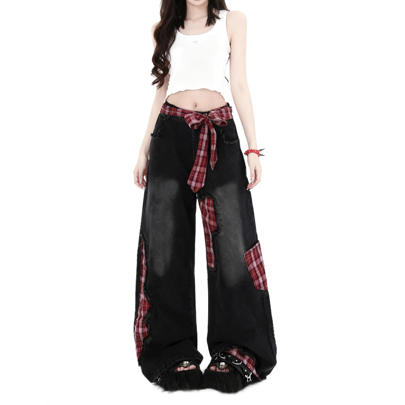Patchwork Design Low-Waist Wide-Leg Jeans, Loose Fit, Slimming Effect, Petite Women's Straight-Leg Floor-Length Jeans
