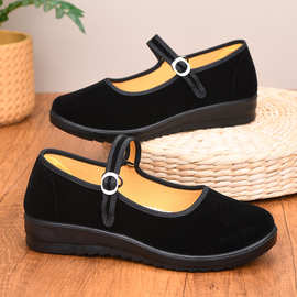 经典聚氨酯老北京布鞋平绒黑一带妈妈鞋平底跳舞中老年酒店鞋代发