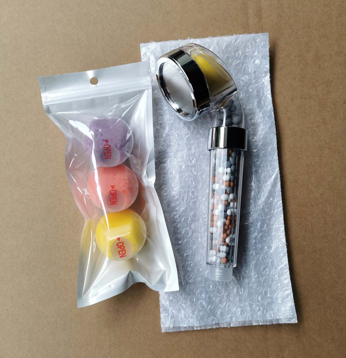 The lemon VC fragrance negative ion shower head cover is equipped with an American-style shower boom adapter and a shower hose fragrance delivery block undefined