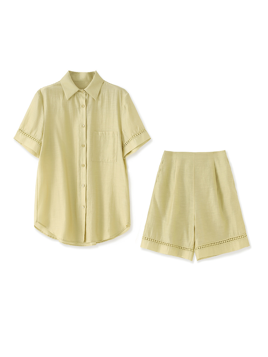 Áo sơ mi khoác pha vải lanh Tencel tay dài + quần short rộng thùng thình bộ hai mảnh mùa hè — Màu trắng