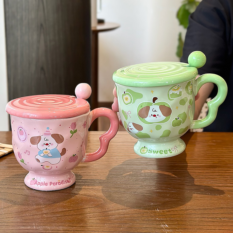Alto valor facial encantador taza de dibujos animados con cubierta de cuchara taza de agua cerámica pareja de desayuno casero taza de café de leche práctica image 3
