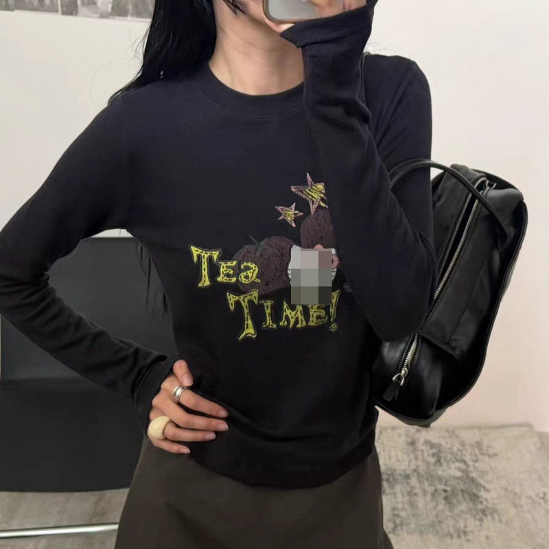 Non-Returnable H2026 Spring New Korean Style Slim Fit Round Neck Cute Cat Letter Print Long-Sleeved T-Shirt Top