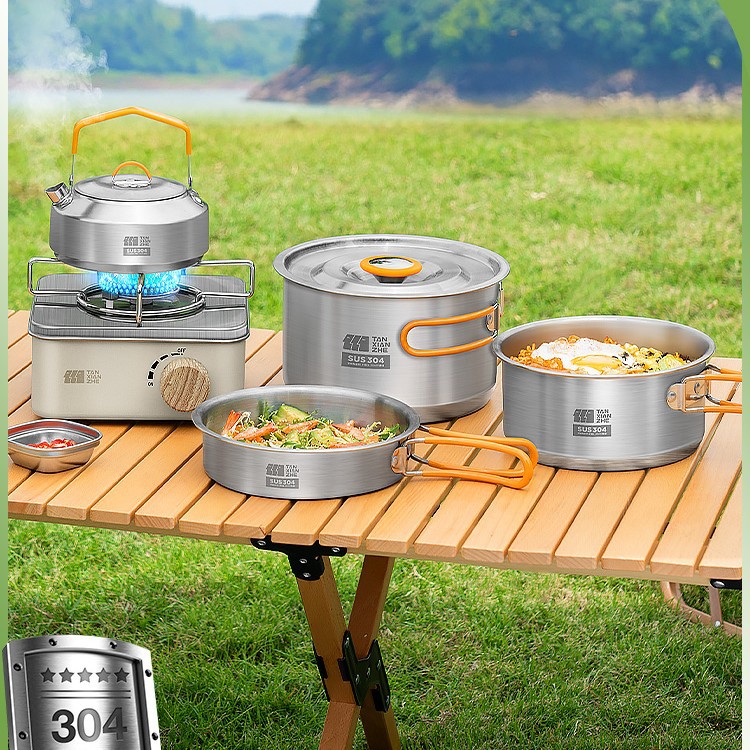 304 Stainless Steel Outdoor Cookware Camping Cookware Cassette Stove Pot Kettle Picnic Equipment Complete Set