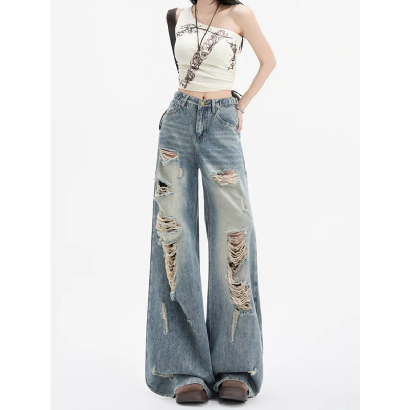 High Street American-Style Ripped Wide-Leg Jeans for Women, New Summer Vintage Blue High-Waisted Loose Drape Straight-Leg Pants