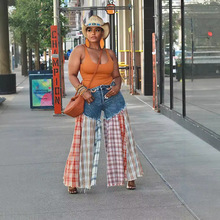 GT9179欧美女装休闲阔腿裤拼接牛仔裤跨境亚马逊货源可代发