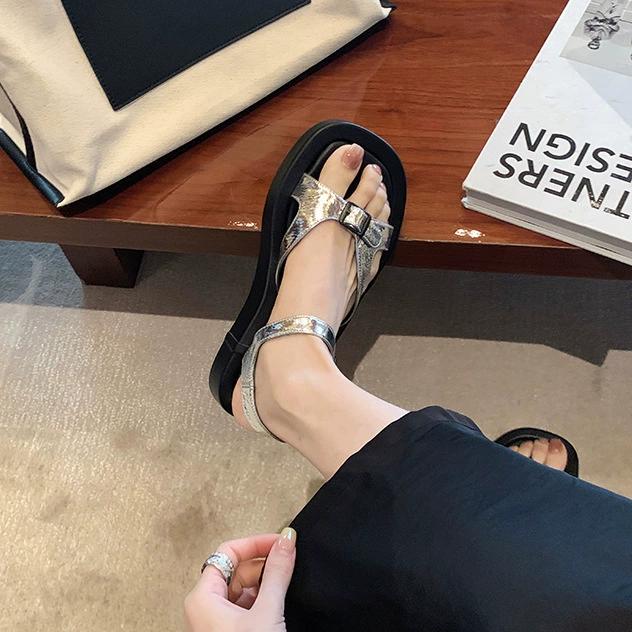 Версия из овчины ~ Женские сандалии в римском стиле из натуральной кожи с открытым носком и пряжкой на толстой подошве, серебряные сандалии на платформе, увеличивающей рост, и тапочки.