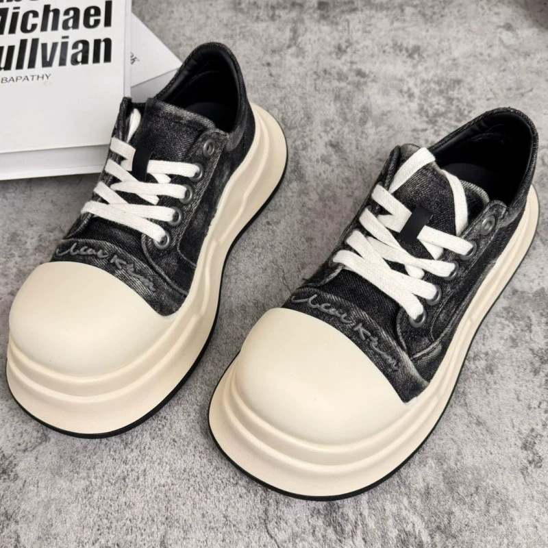 Черно-белые женские кроссовки на платформе с круглым носком, новинка весны и осени 2024 года, универсальные удобные кроссовки на толстой подошве с эффектом увеличения роста.