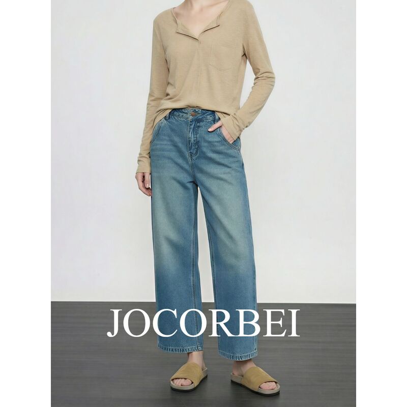 Jocorbei【Fashionable and Relaxed Style】Women's Cropped Straight-Leg Jeans Slimming Classic Loose Pants for Spring and Summer