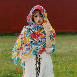 夏季度假民族风围巾文艺棉麻女士云南旅游西藏防晒包头丝巾大披肩