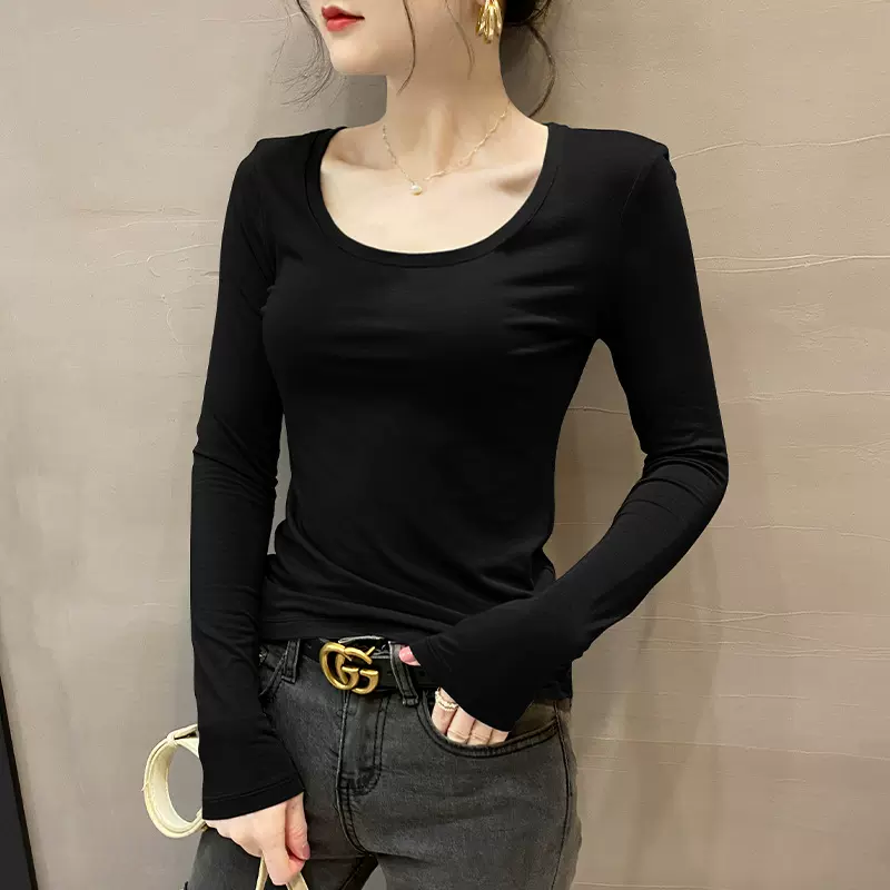 黑色圆领打底衫女春秋冬内搭长袖T恤2025新款低领修身上衣