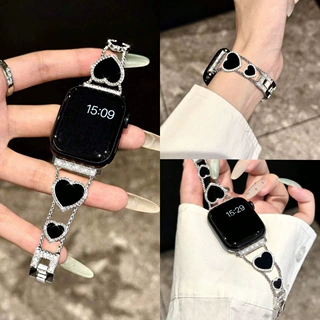 适用苹果手表爱心贝壳镶钻表带s11iWatch黑桃心链条腕带小众女款