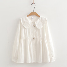 秋季新款上衣设计感小众清新甜美刺绣白色娃娃领长袖衬衫女
