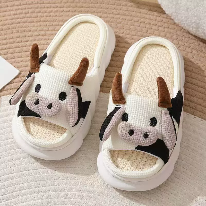 Трансграничная внешняя торговля милые мультяшные коровы пара льняные тапочки оптовые внутренние домашние тапочки противоскользящие мужские и женские сандалии