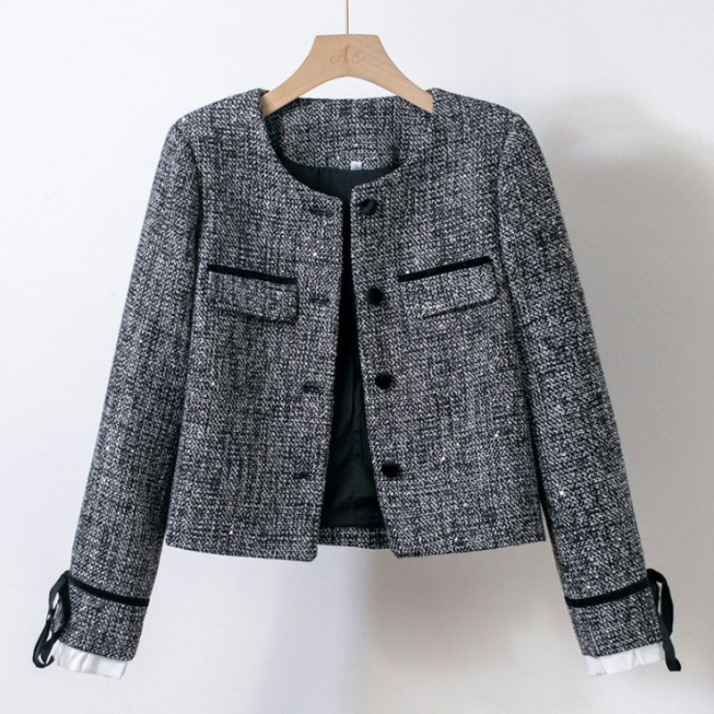 2026 Socialite Sequin Long Sleeve Dark Gray Tweed Short Jacket