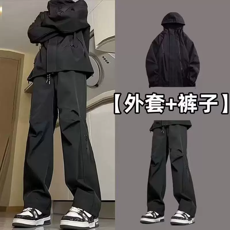 美式潮牌机能冲锋套装春秋季百搭宽松外套套装户外防风防水套装