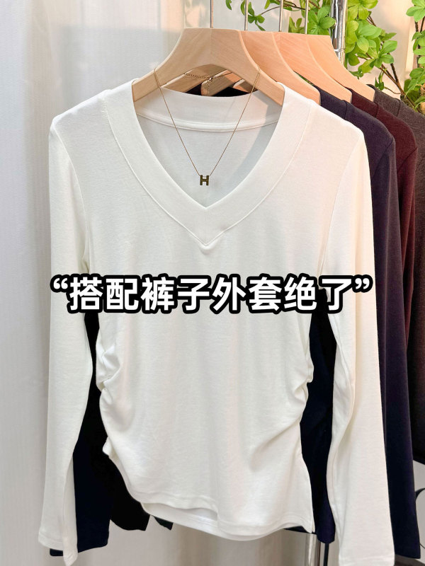 秋季新款V领开叉不规则T恤上衣女设计感小众修身百搭打底衫体恤潮|undefined