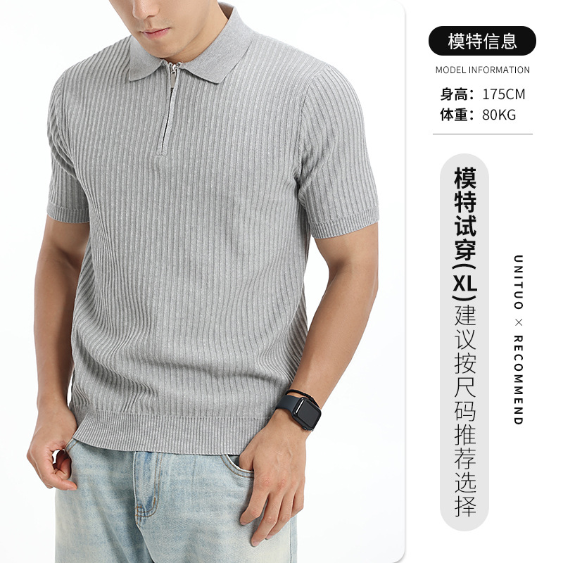 Verano nuevo hombre medio cremallera agujero de hielo tejedido polo camiseta de manga corta ligera de negocios de alto nivel hombre