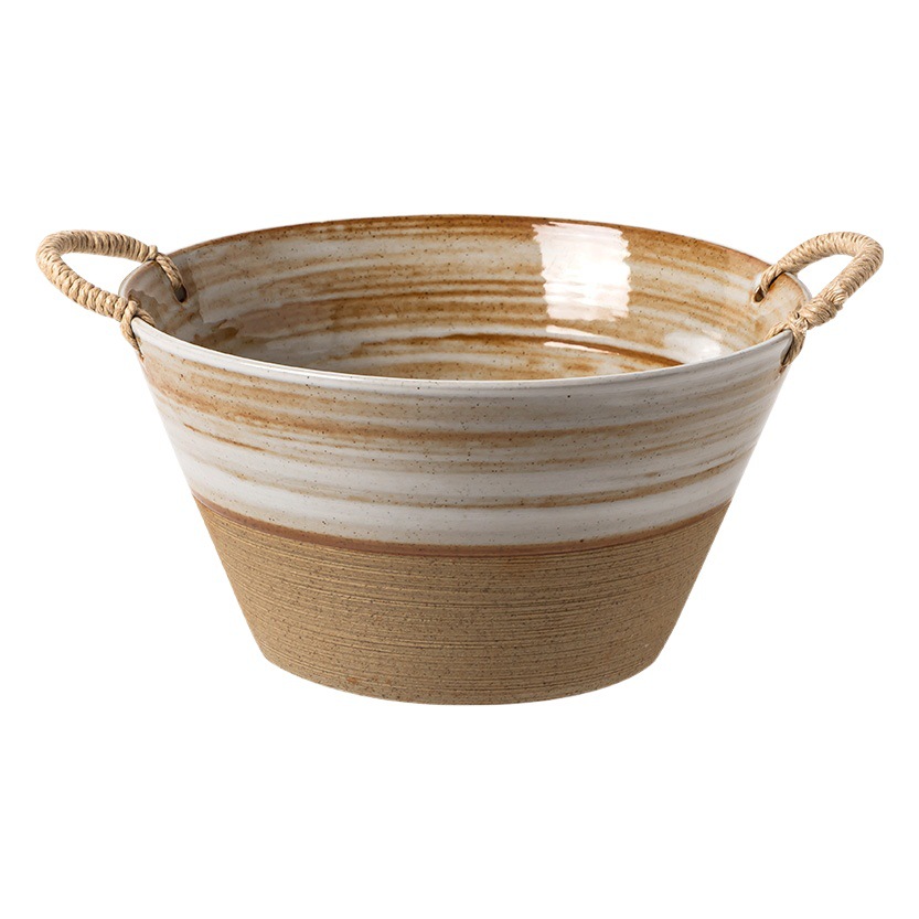 Plato de estilo japonés plato de sopa vintage gres cuerda trenzada Placa de doble oreja creativa placa profunda ensalada doméstica plato de fruta al por mayor ligeramente defecto