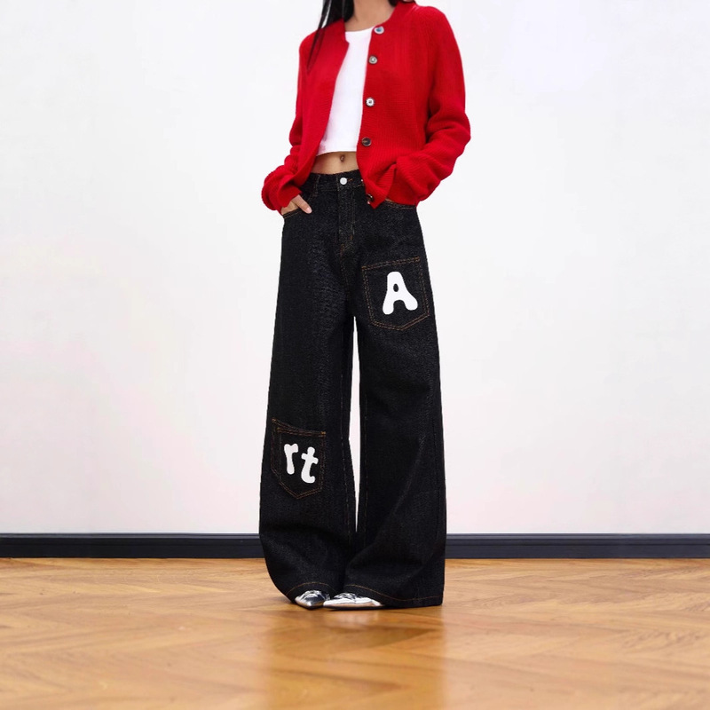 American Retro High Street Vibe Style Solid Color Jeans New Straight Letter Print Loose Wide-Leg Cotton Pants