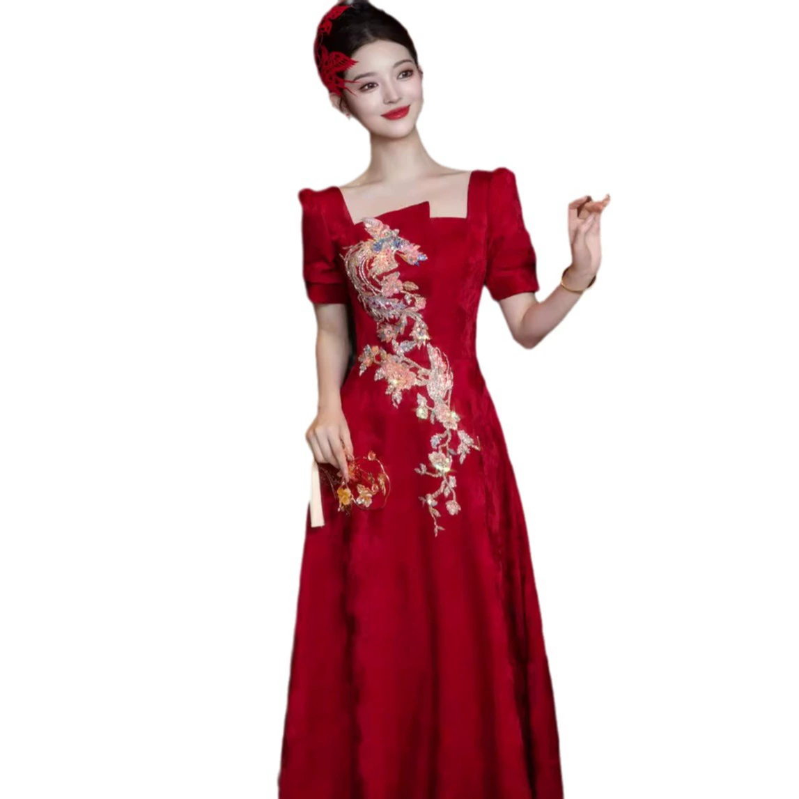 Burgundy long evening dress for bride, Chinese style