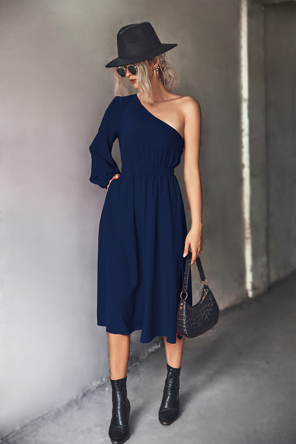 solid color oblique shoulder single long sleeve dress NSLNZ136800