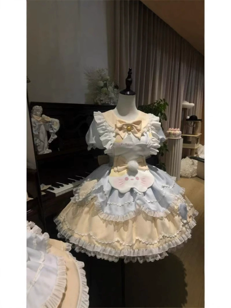 Платье lolita OP, милое свежее с короткими рукавами, пастельные рюши розово-голубое (женское)