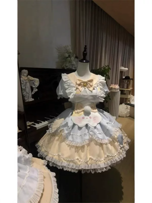 Платье lolita OP, милое свежее с короткими рукавами, пастельные рюши розово-голубое (женское)