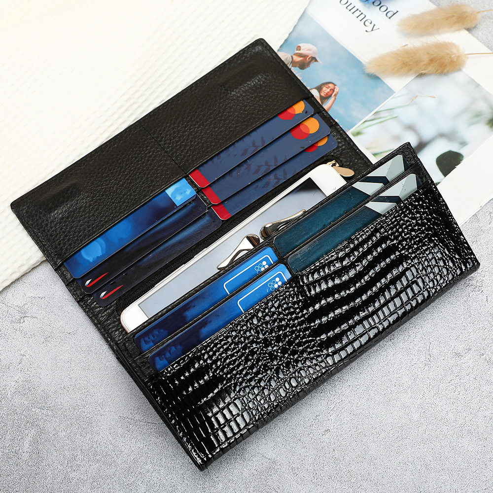 Ví cầm tay nữ da thật dáng dài phong cách đơn giản — Đen, Đỏ, Đỏ rượu, 18.5*3*9cm