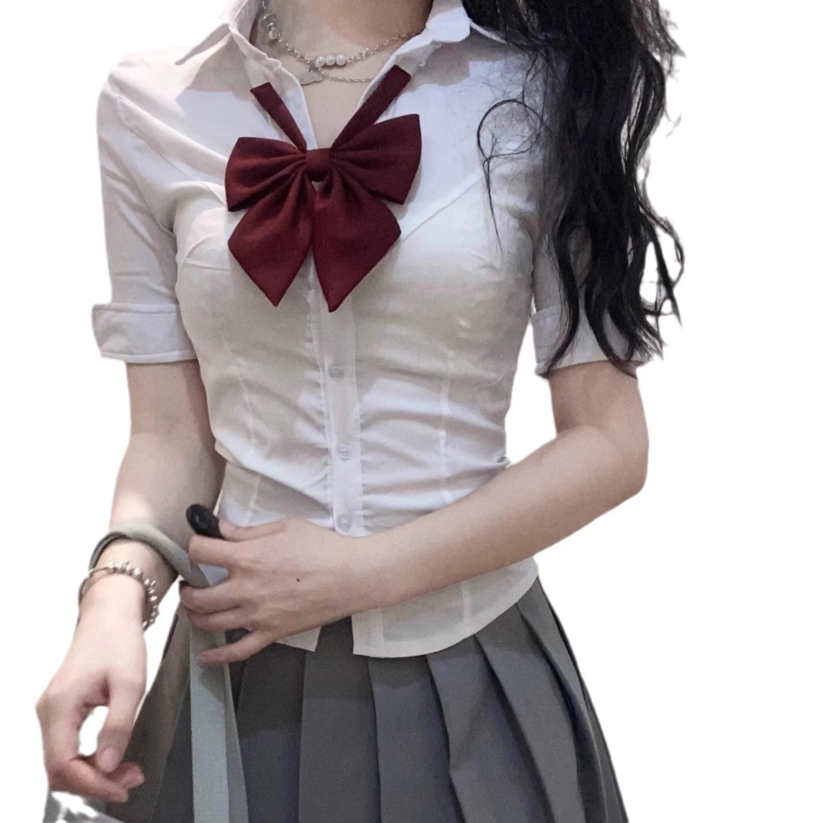 한국 학생 교복 셔츠 여름 JK 유니폼 대학 스타일 핫 소녀 슬림 흰색 반팔 허리 셔츠 여성용
