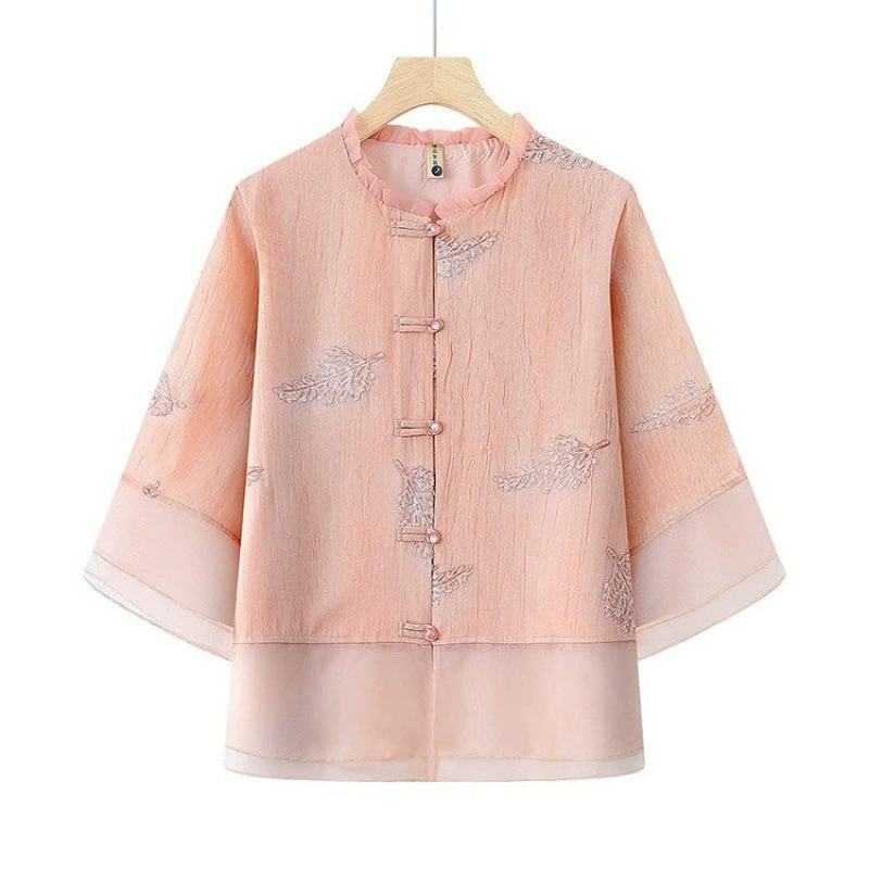 Весенне-летняя мода 2015 года. Блузка с вышивкой в ​​китайском стиле для мам, элегантный новый тонкий топ для женщин среднего возраста в китайском стиле.